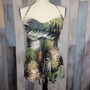 Kona Sol Green Leaf Print Bandeau Halter Tankini Top Size Large